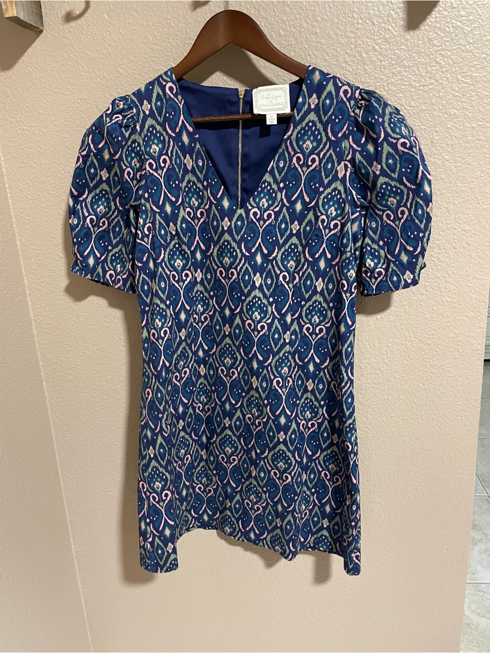 Sail to Sable Navy Ikat V-Neck Mini Dress with Pink & Teal Accents